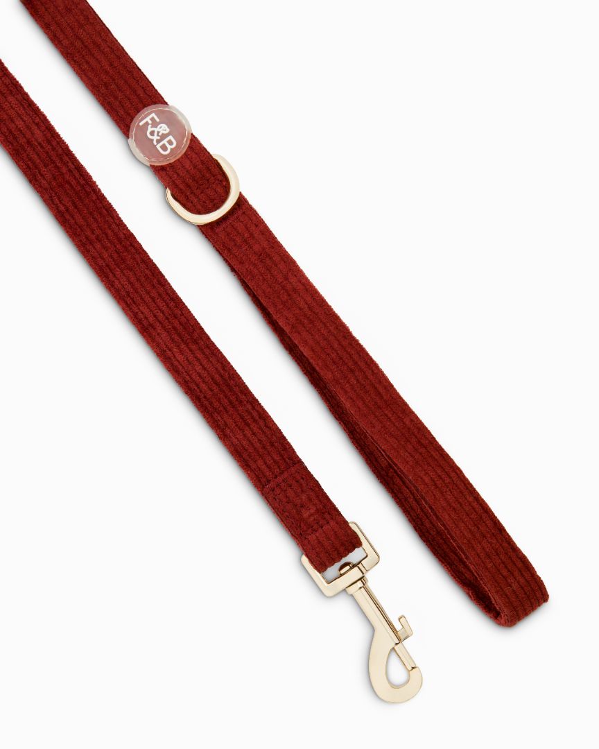 Close-up of the Fetch and Bark Corduroy Lead in Mahogany, featuring a luxurious corduroy texture, durable gold hardware, and a high-tensile clip for a secure and stylish walking experience. Length: 147cm for the perfect fit and control.