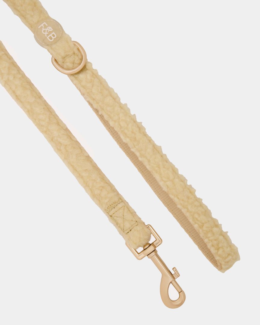 Close-up of the Fetch and Bark Boucle Lead in cream, featuring a boucle texture, durable gold hardware, a high-tensile clip for secure attachment, and a convenient gold D-ring for adding the matching waste bag holder