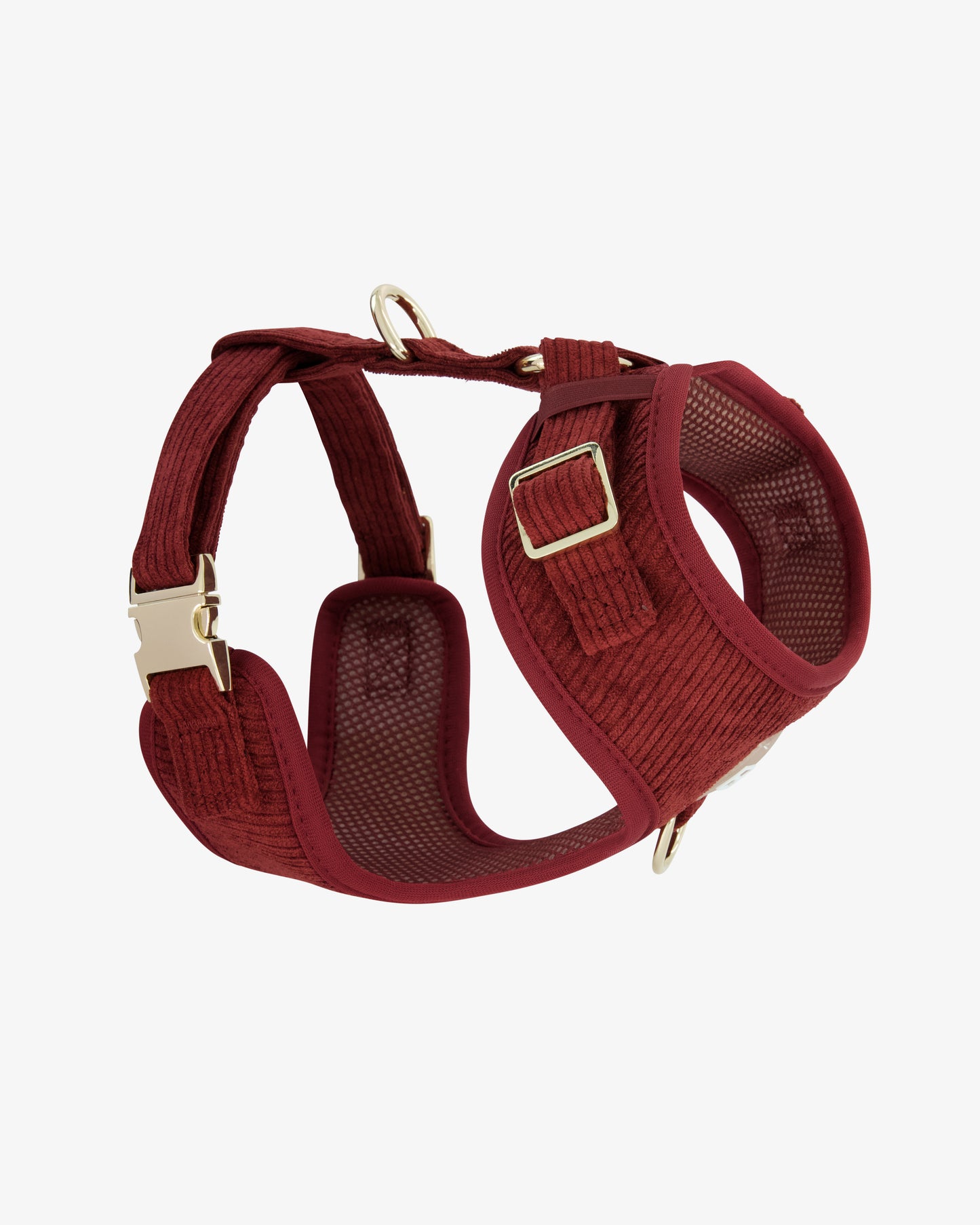 Side view of the Fetch and Bark Corduroy Harness in Mahogany, highlighting the luxurious corduroy texture, adjustable straps, and gold hardware for a comfortable and stylish fit.