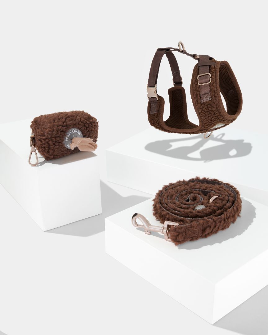 Fetch and Bark Boucle Bundle in Chocolate brown, featuring a cozy boucle harness, matching leash, and waste bag holder, designed for stylish comfort and durability for dogs of all sizes