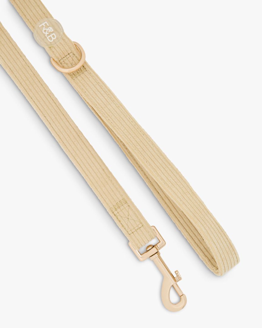 Close-up of the Fetch and Bark Corduroy Lead in Cream, featuring a luxurious corduroy texture, durable gold hardware, and a high-tensile clip for a secure and stylish walking experience. Length: 147cm for the perfect fit and control.