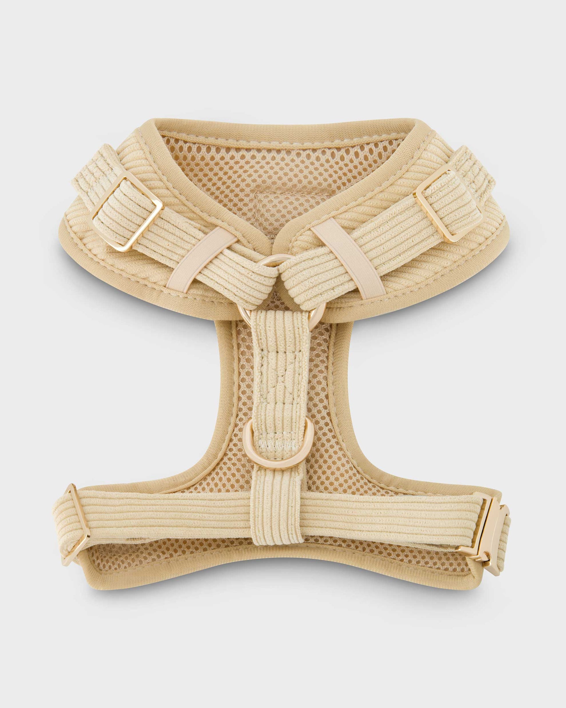 Back view of the Fetch and Bark Corduroy Harness in Cream, showcasing the premium corduroy texture, adjustable straps, and gold hardware for a secure and stylish fit.