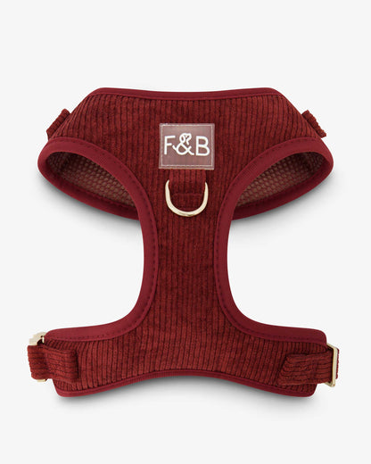 Front view of the Fetch and Bark Corduroy Harness in Mahogany, showcasing the elegant corduroy texture and our signature Fetch and Bark logo at the center for a stylish and secure fit for dogs.