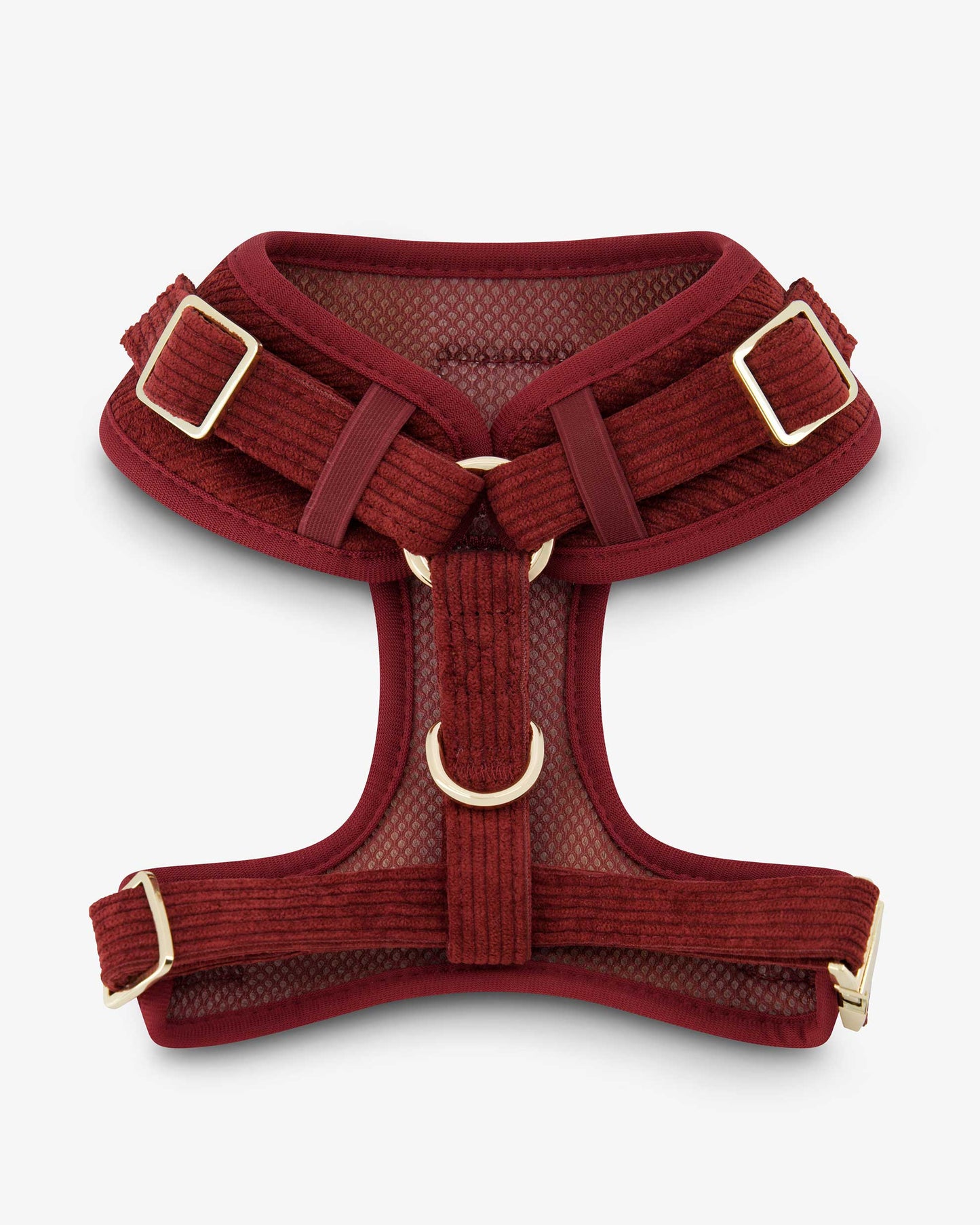 Back view of the Fetch and Bark Corduroy Harness in Mahogany, showcasing the premium corduroy texture, adjustable straps, and gold hardware for a secure and stylish fit.