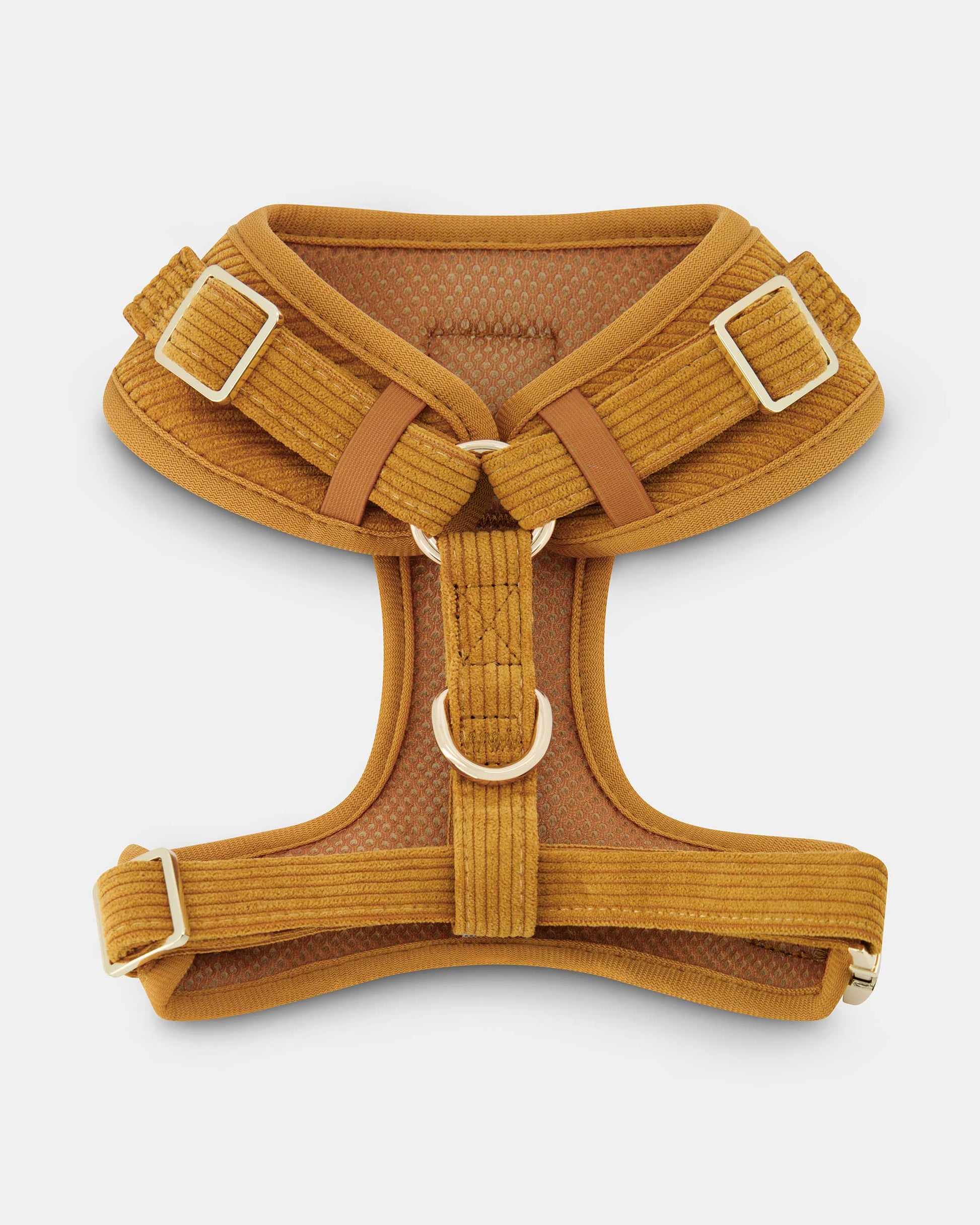 Back view of the Fetch and Bark Corduroy Harness in Ochre, showcasing the premium corduroy texture, adjustable straps, and gold hardware for a secure and stylish fit.