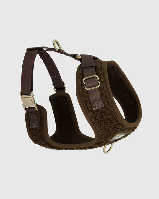Side view of the Fetch and Bark Boucle Harness in Chocolate brown, showcasing the boucle texture, adjustable straps, and gold hardware details for a stylish and comfortable fit for dogs